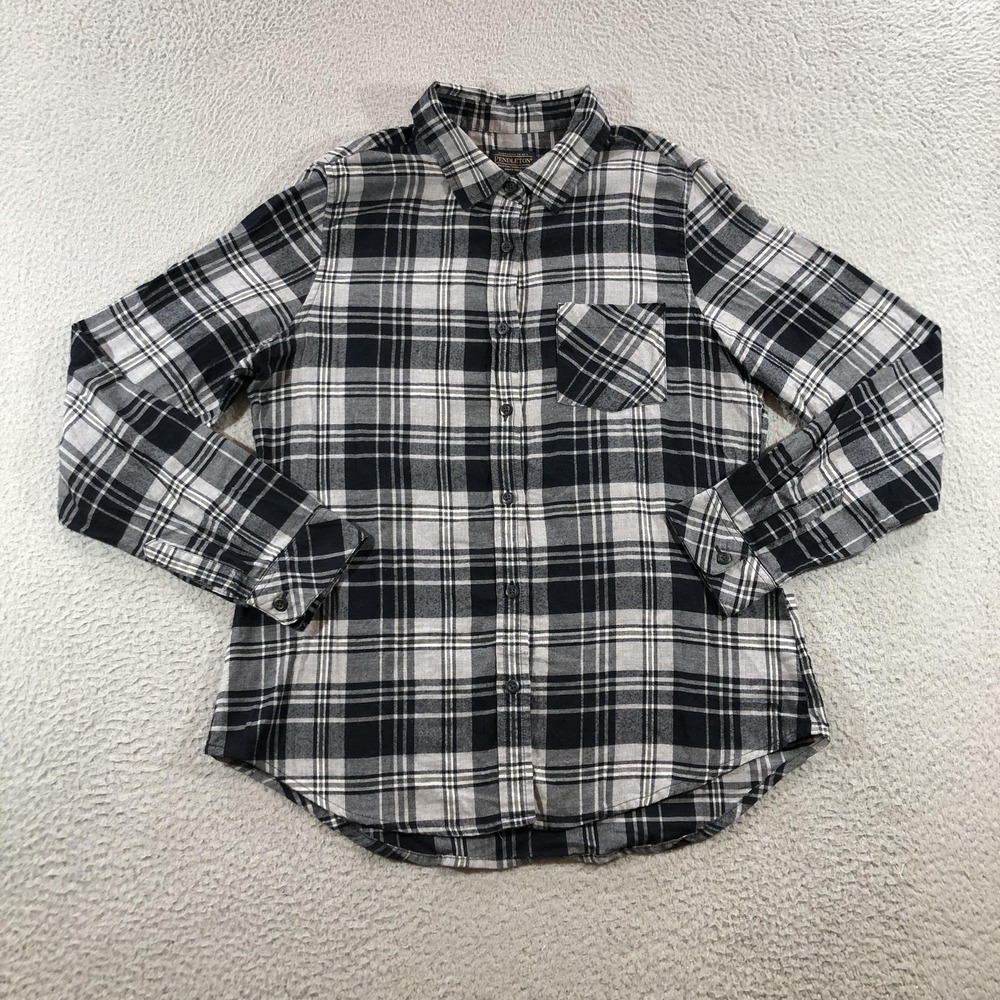 Pendleton Shirt Womens Medium Black Gray Plaid Button Down Long Sleeve Cotton